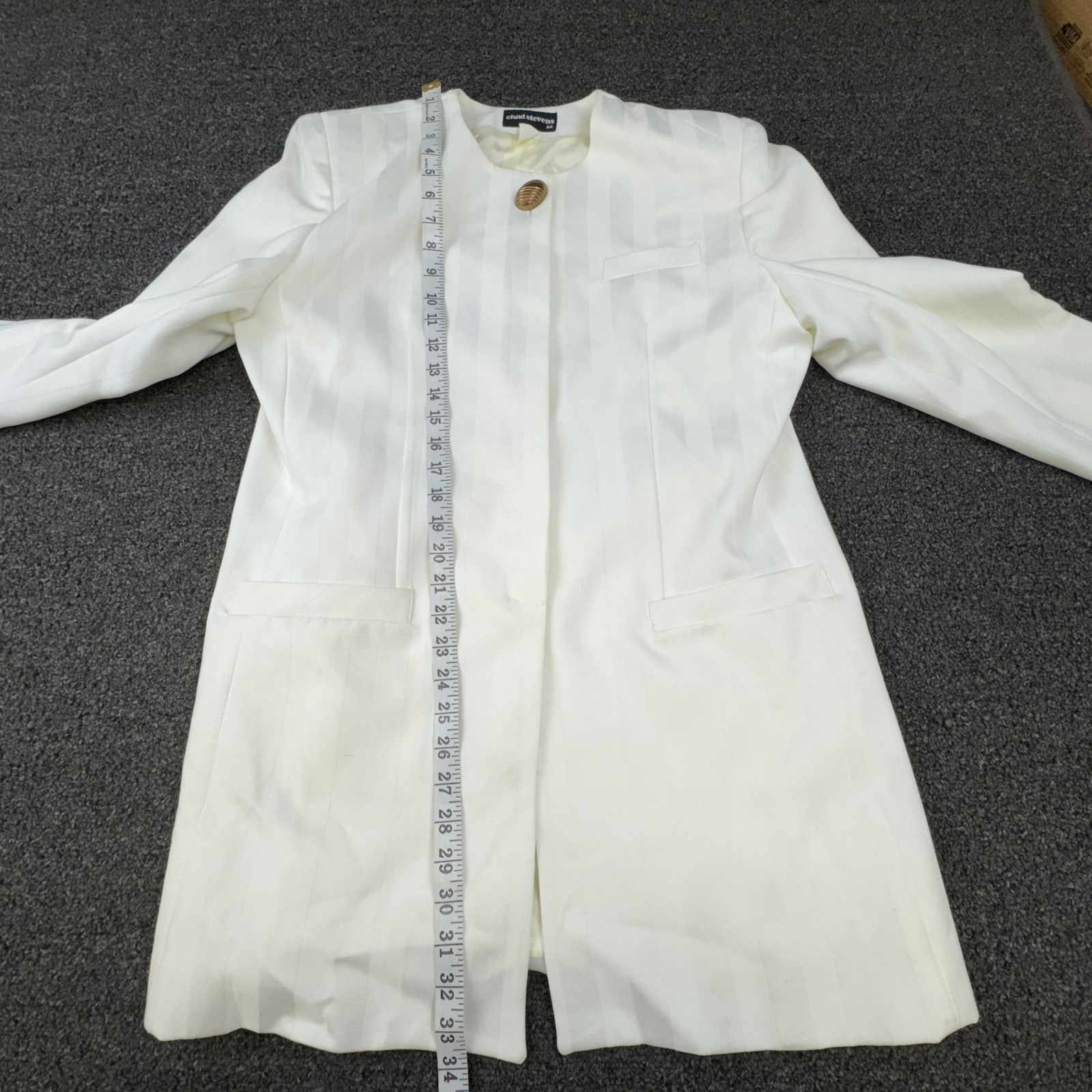 Vintage Chad Stevens Coat Womens 12 White Striped Collarless Overcoat Lined 5280