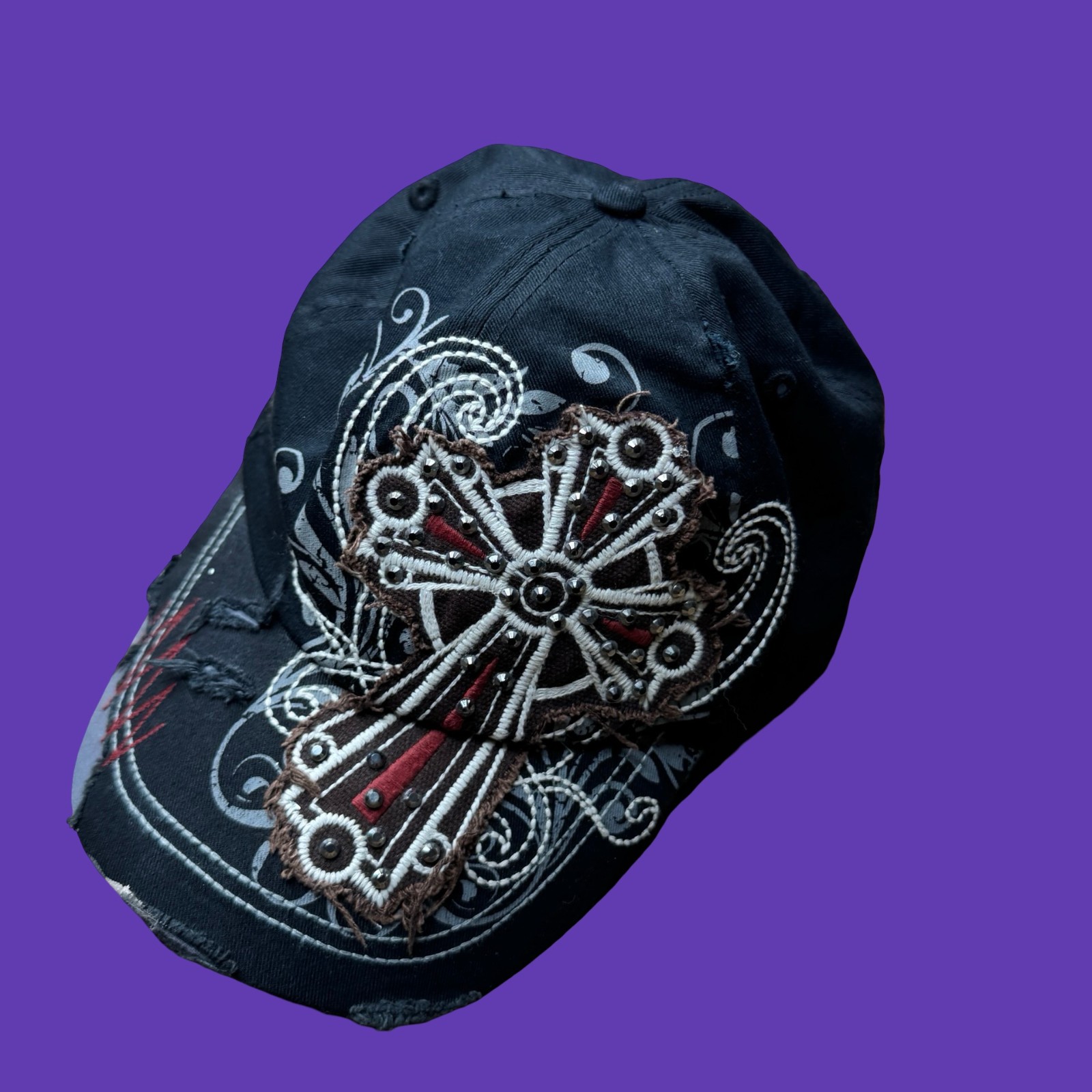 KBETHOS Black Army Cap Adjustable Bead Cross Floral Cotton Cadet Hat Y2K