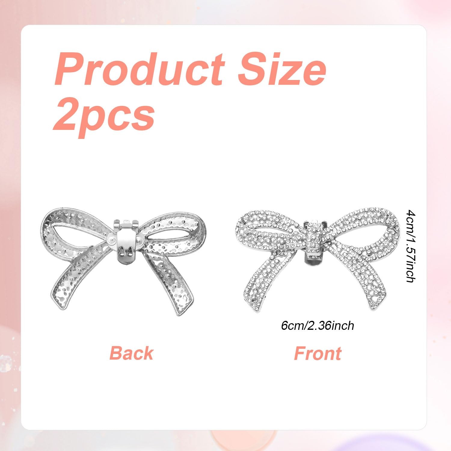 Mikovivi Silver Rhinestone Bow Shoe Clips, 2.36×1.57in, Decorative Accessories