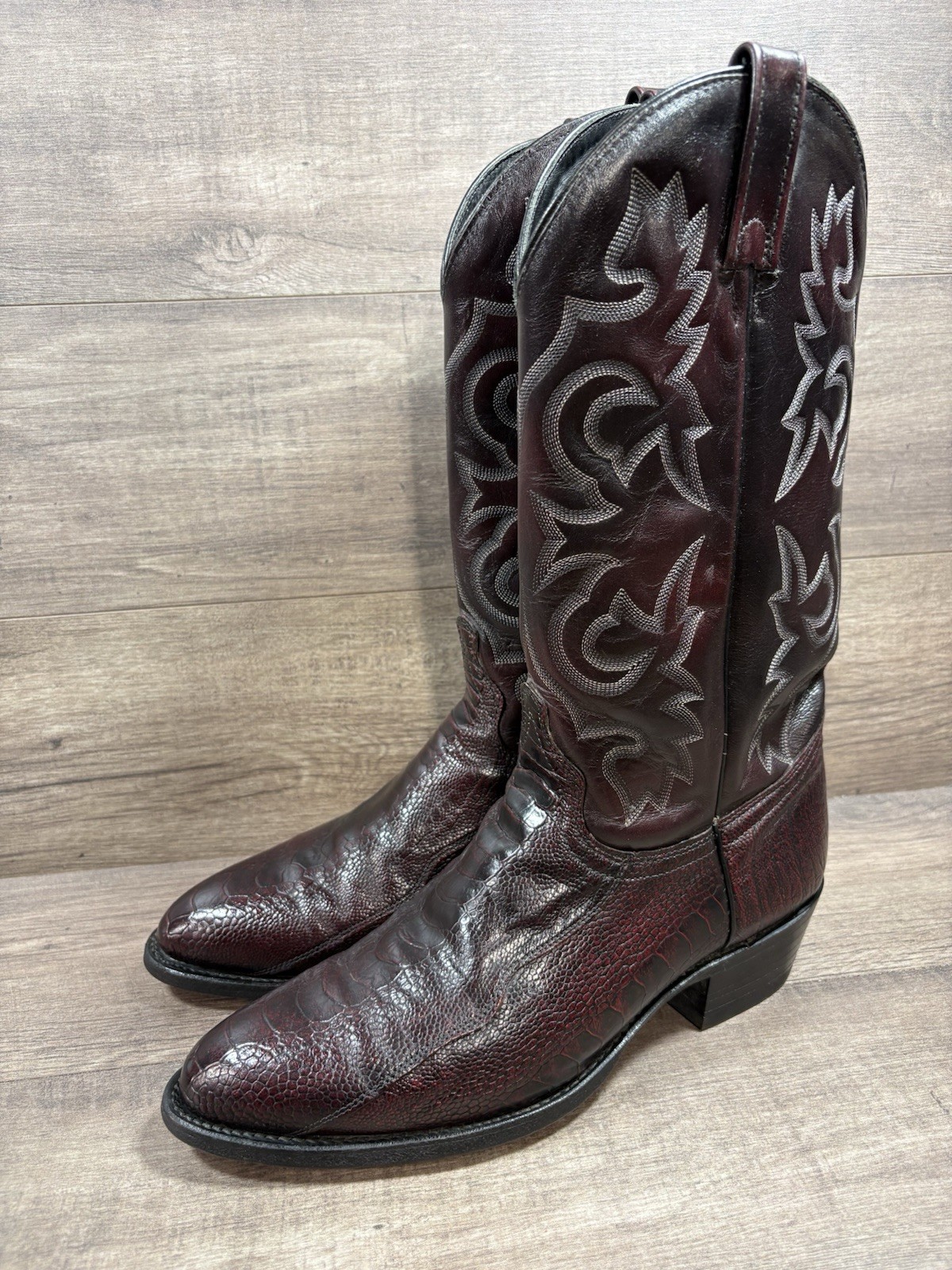 J Chisholm Genuine Ostrich Skin Cowboy Boots Burgundy Leather Mens Size 10.5 D