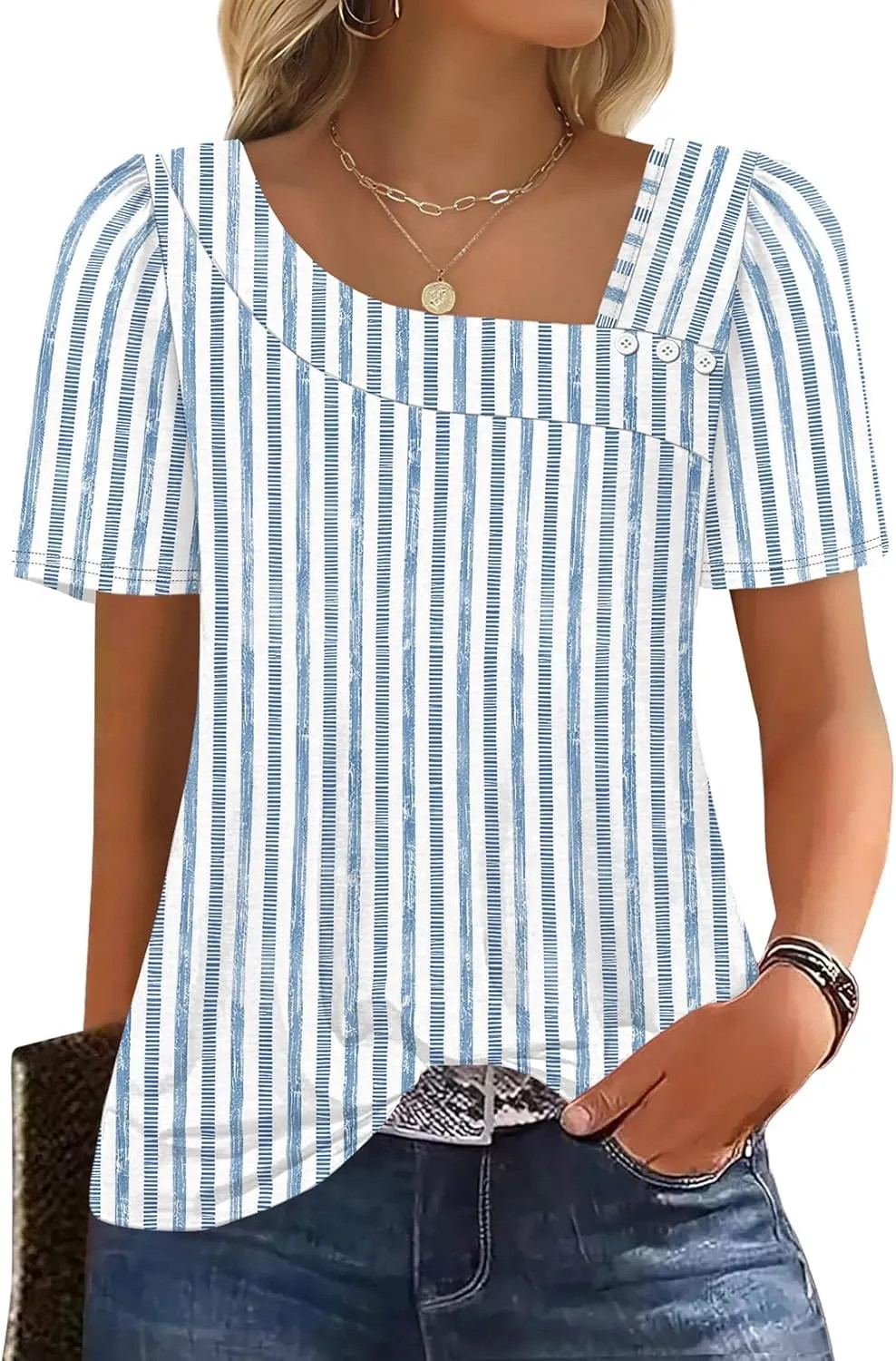 WIHOLL Womens Square Neck Short Sleeve Blouse Summer Casual Top Shirt