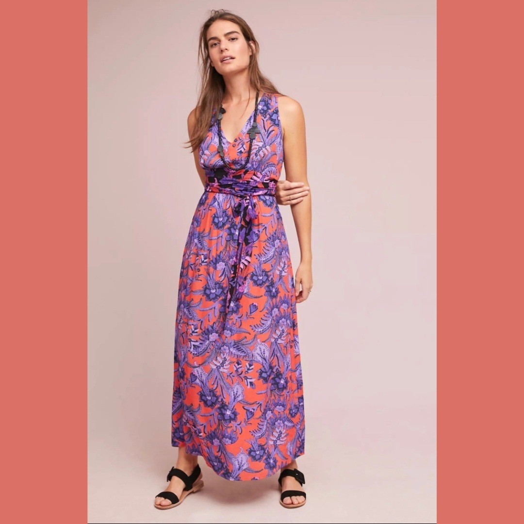 Maeve Anthropologie Size 4 Macie Maxi Dress Sleeveless Floral Tie Waist V Neck