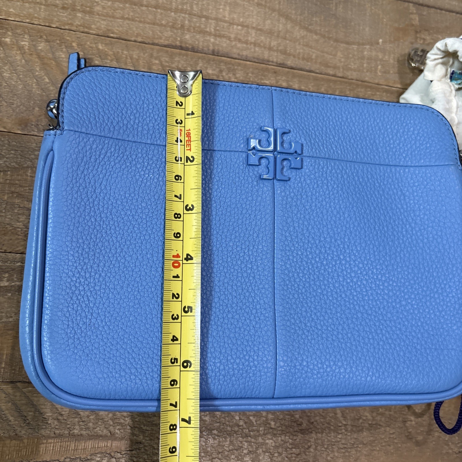 Tory Burch Light Blue Pebbled Leather Crossbody Tassel Logo