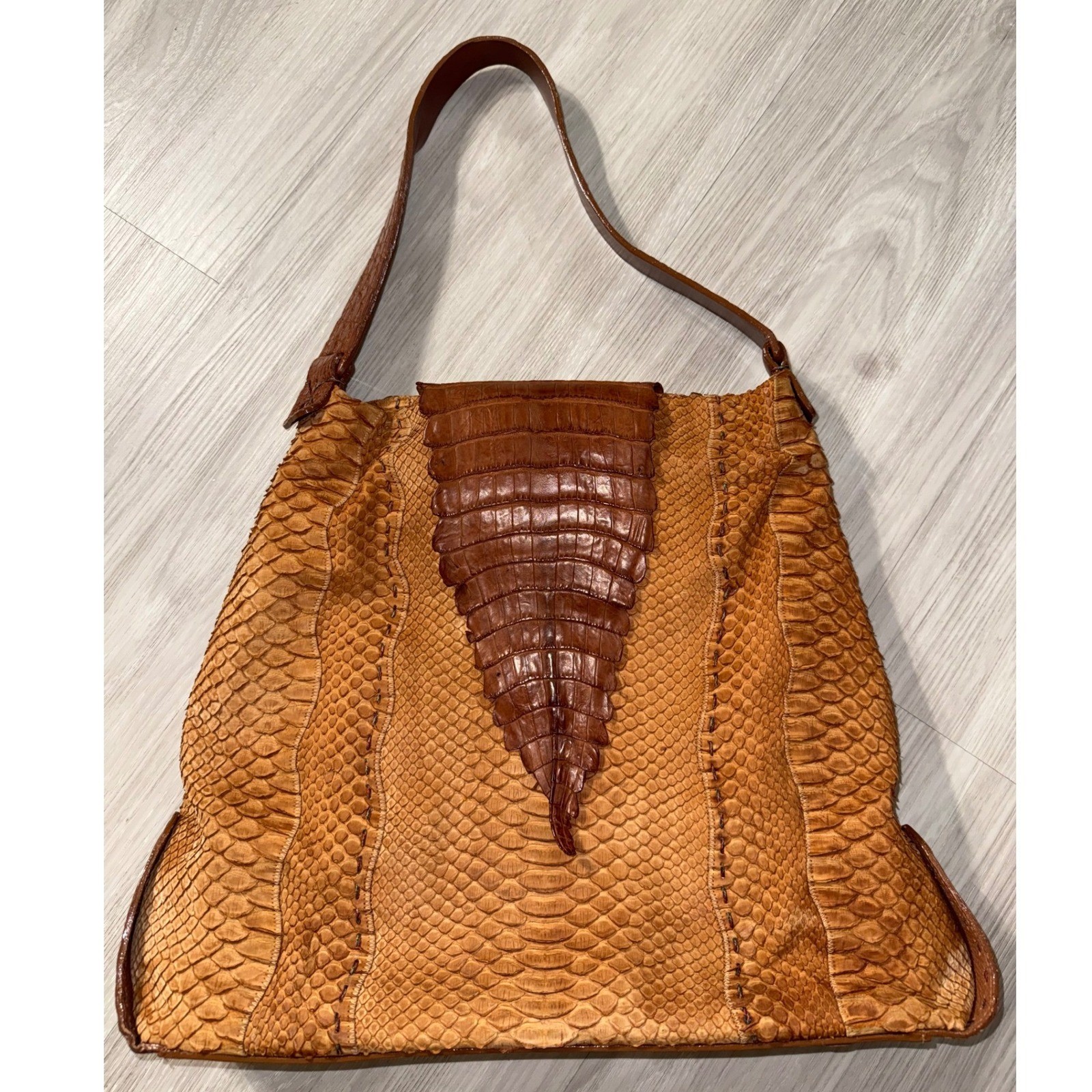 Carlos Falchi Python Crocodile Patchwork Tote Bag Brown Exotic Leather Handmade