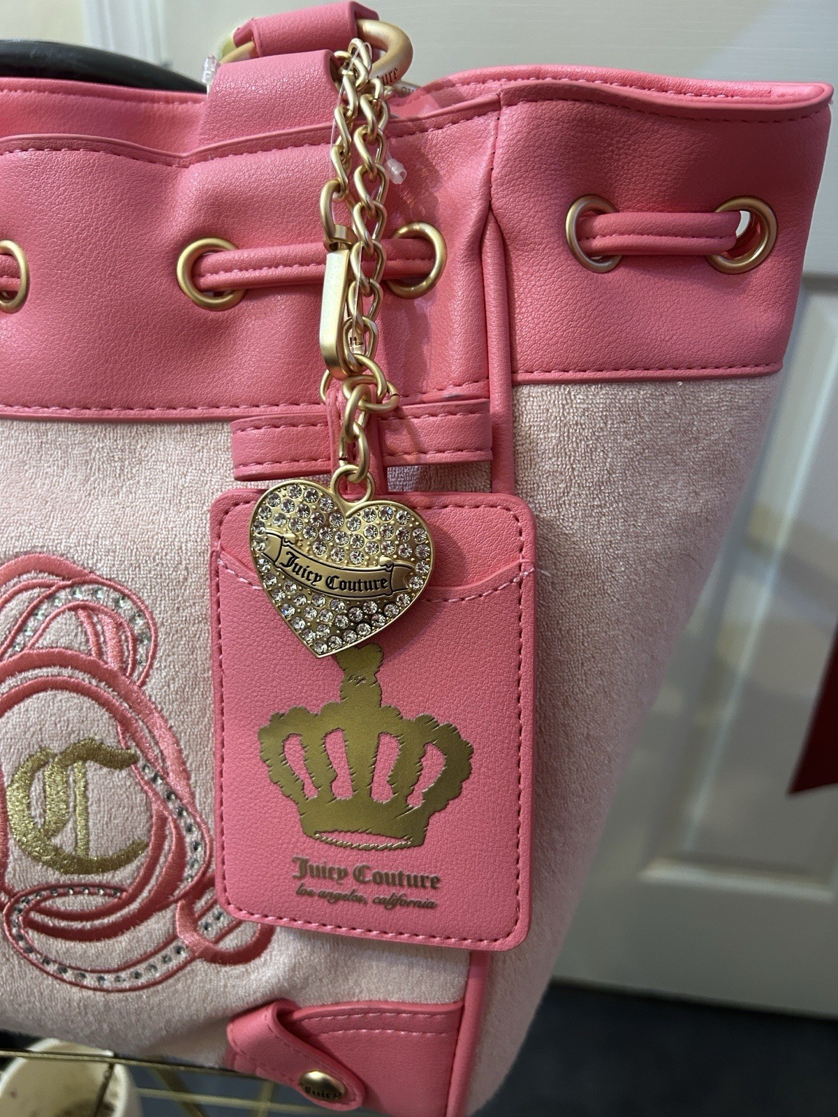 Juicy Couture Pink Logo Tote Shoulder Bag Bow Heart Charm Drawstring Gold
