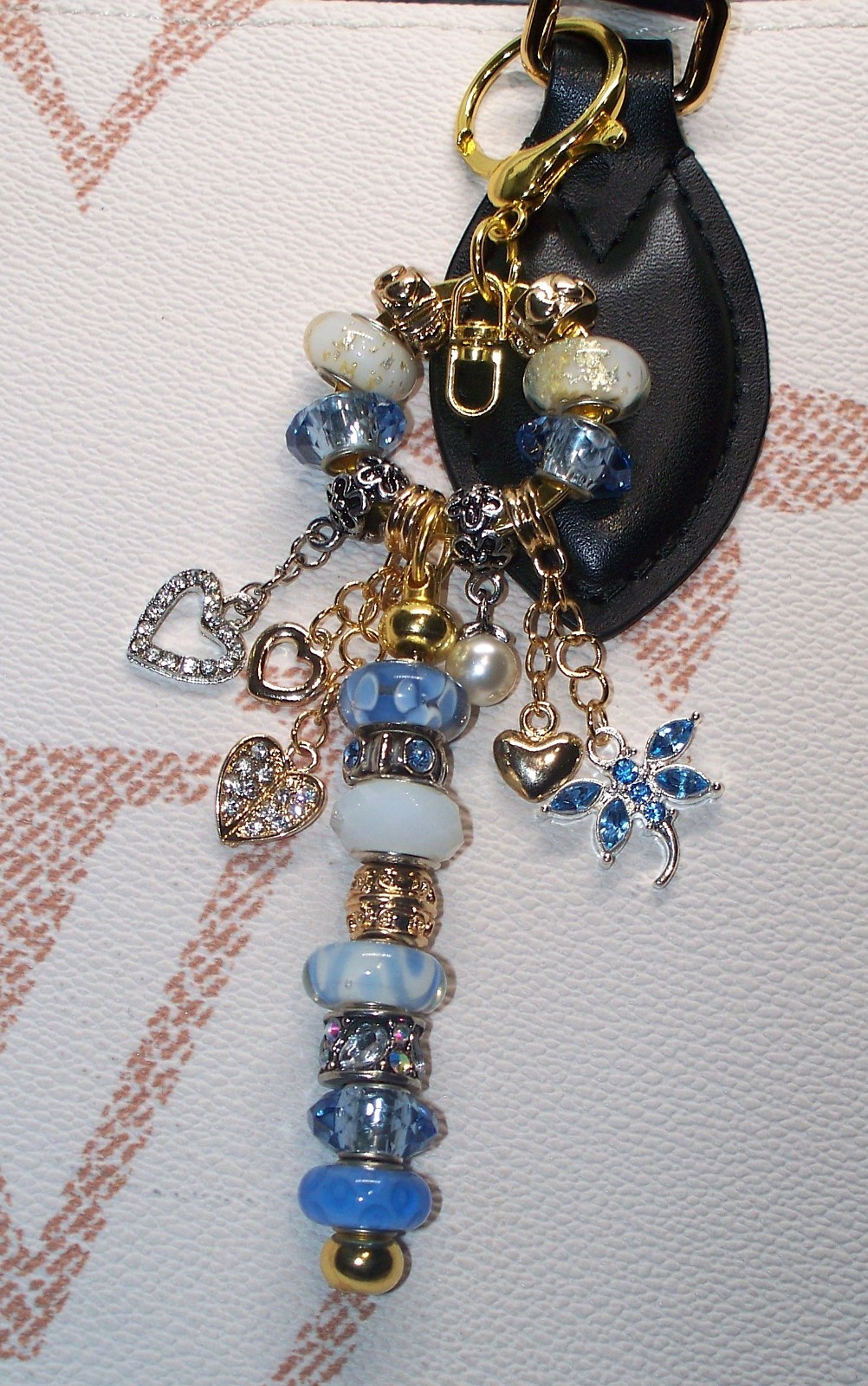 Blue Periwinkle Gold Purse Charm Keychain Heart Murano Pearl Flower Bag Charm