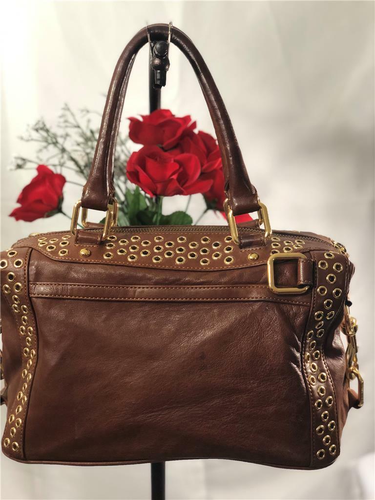 REBECCA MINKOFF Gold Tone Grommet-Embellished M.A.B. Bag In Brown Leather