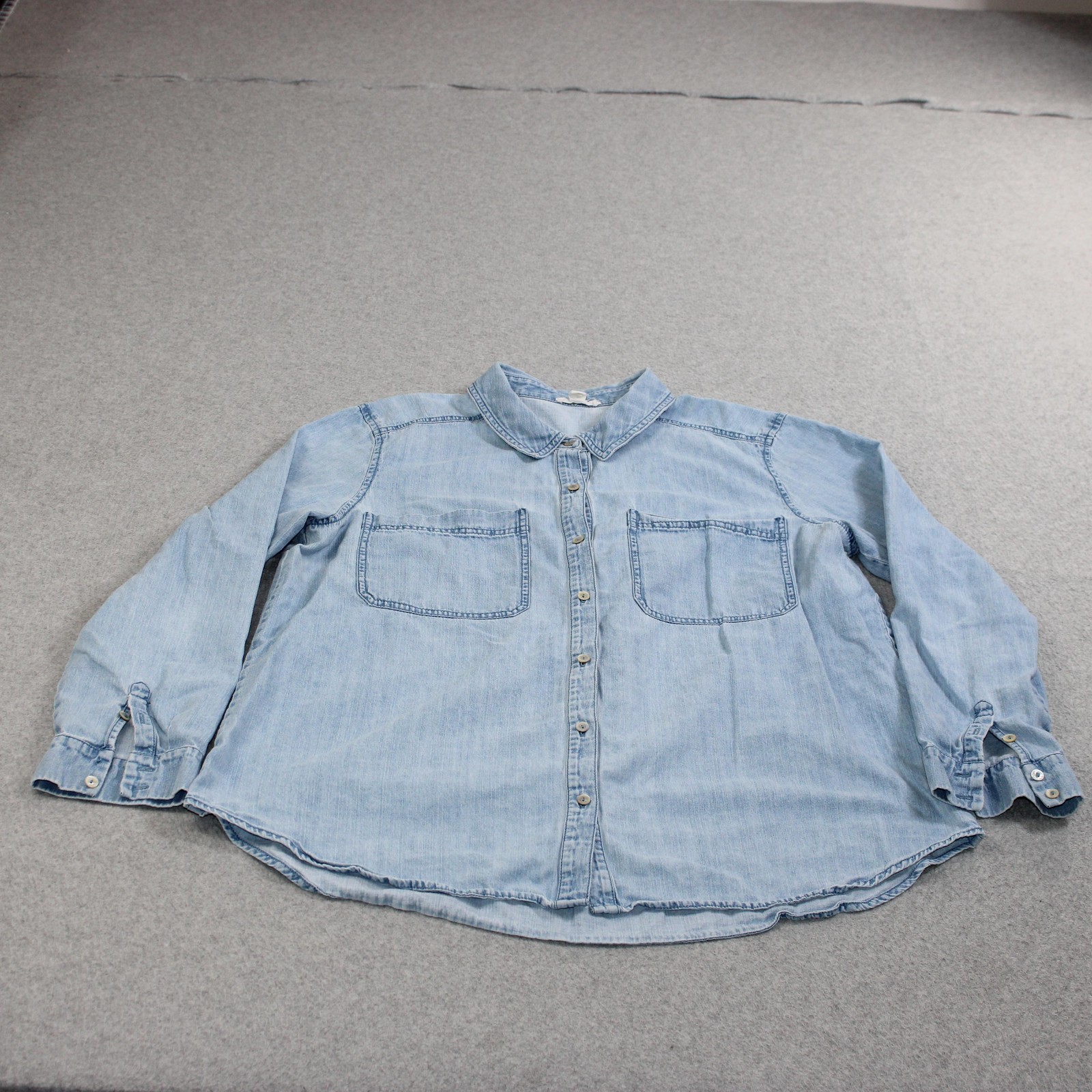 Eileen Fisher Shirt Women Large Blue Chambray Button Organic Cotton Shacket READ