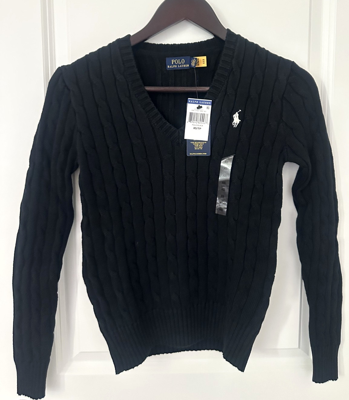 Polo Ralph Lauren Women’s Black Cotton Cable Knit V-Neck Sweater XS