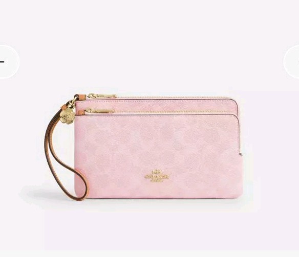 New Coach Double Zip Wristlet In Powder Pink Signature Canvas With Charms