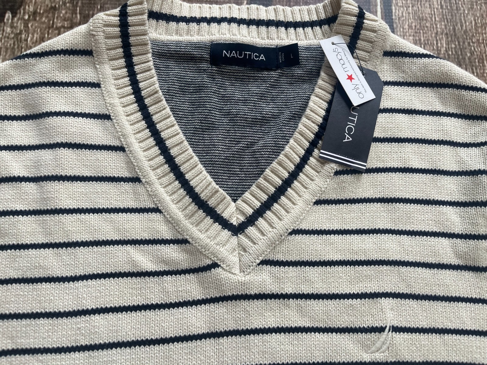 NAUTICA STRIPED V-NECK PULLOVER SWEATER BONE WHITE MENS LARGE NEW $89