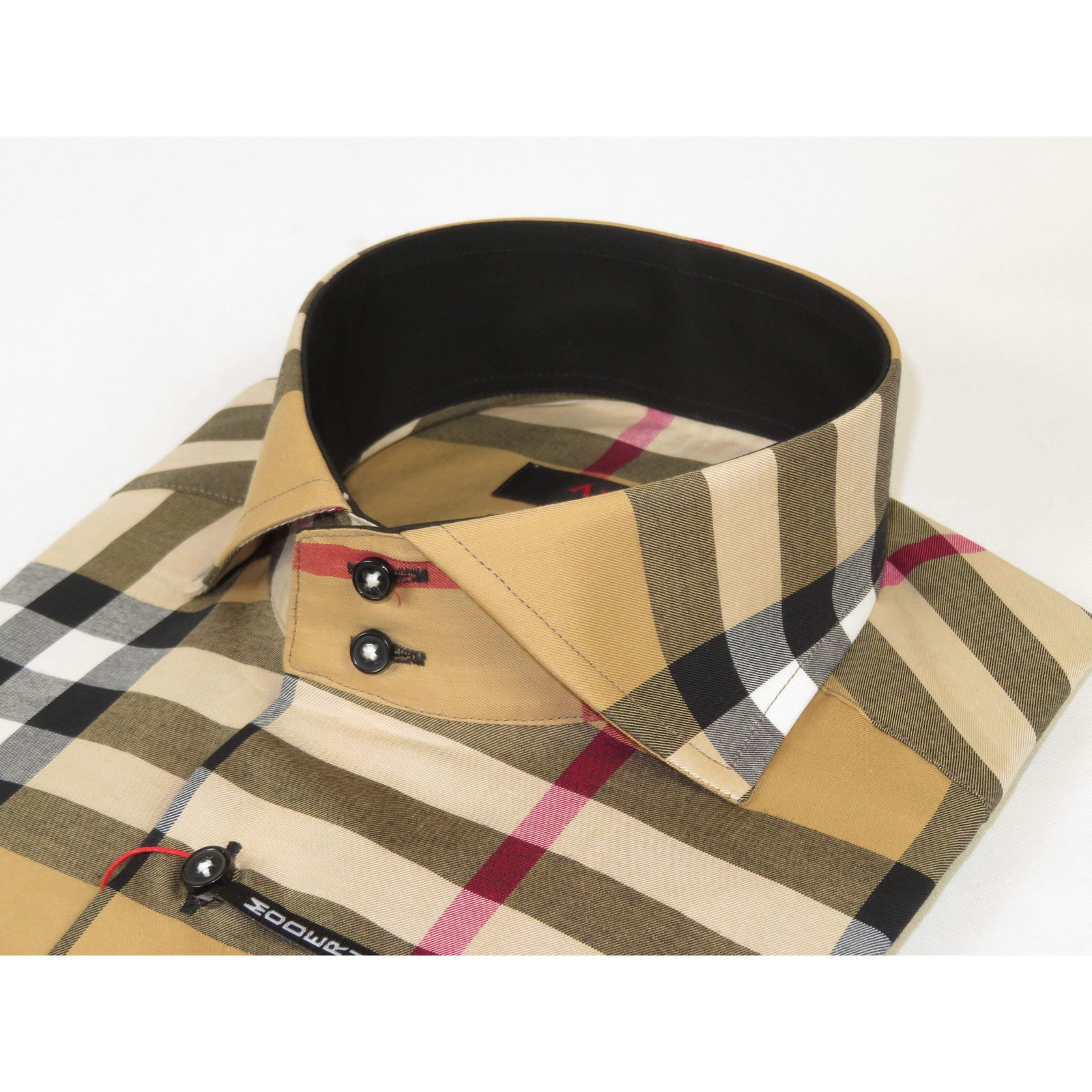 Men’s AXXESS Turkey English Plaid Shirt 100% Soft Cotton High Collar 120-09 Tan