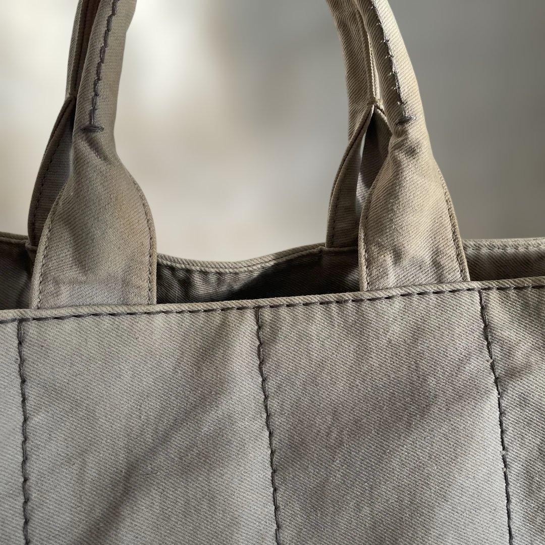PRADA Canapa Canvas Tote Handbag Greige Triangle Logo Plate Bag Women Junk