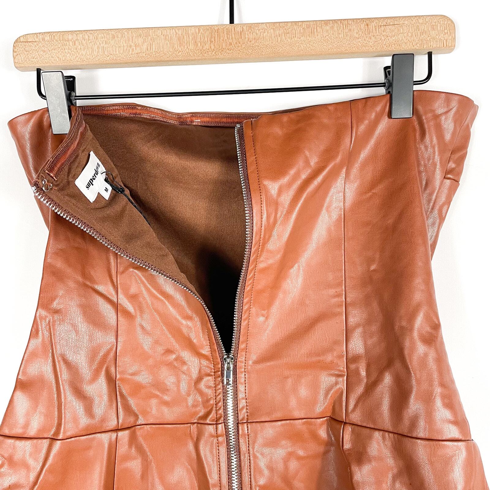 Superdown Briar Faux Leather Romper Brown Strapless Vegan Sz M