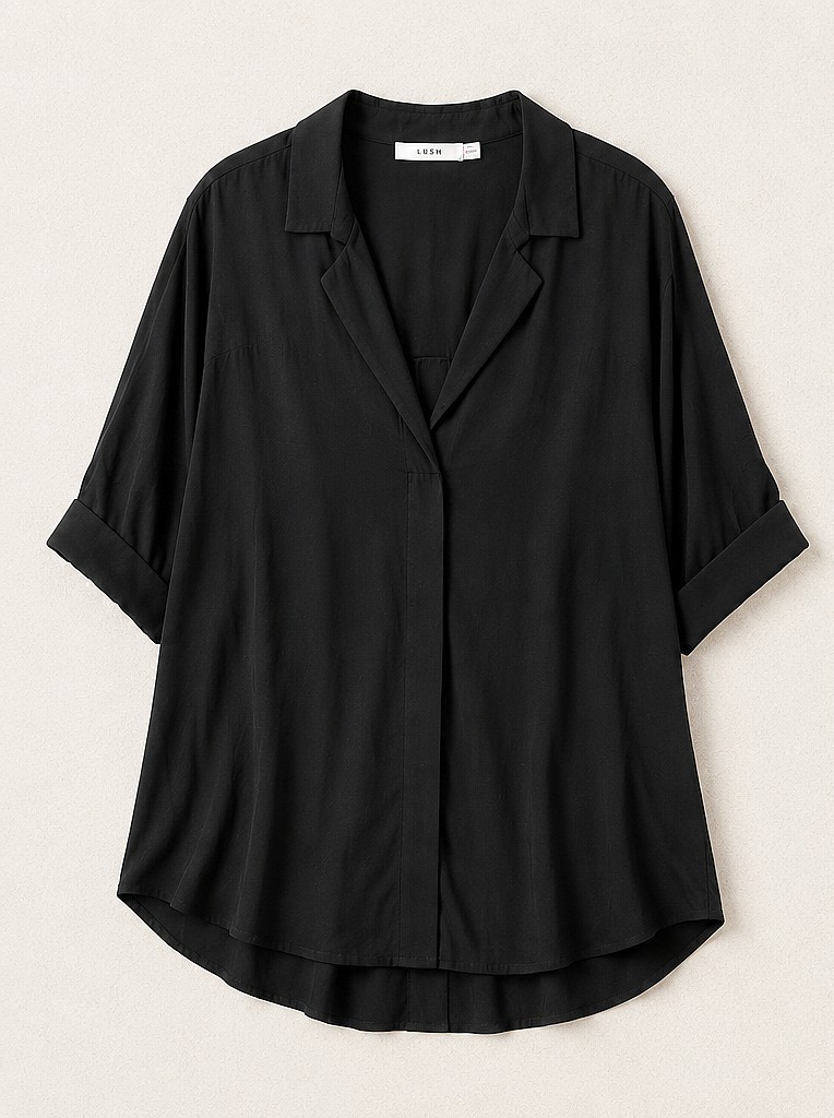 LUSH Black Collared V-Neck Blouse 100% Rayon High Low Back Button Shirt – XL/2XL