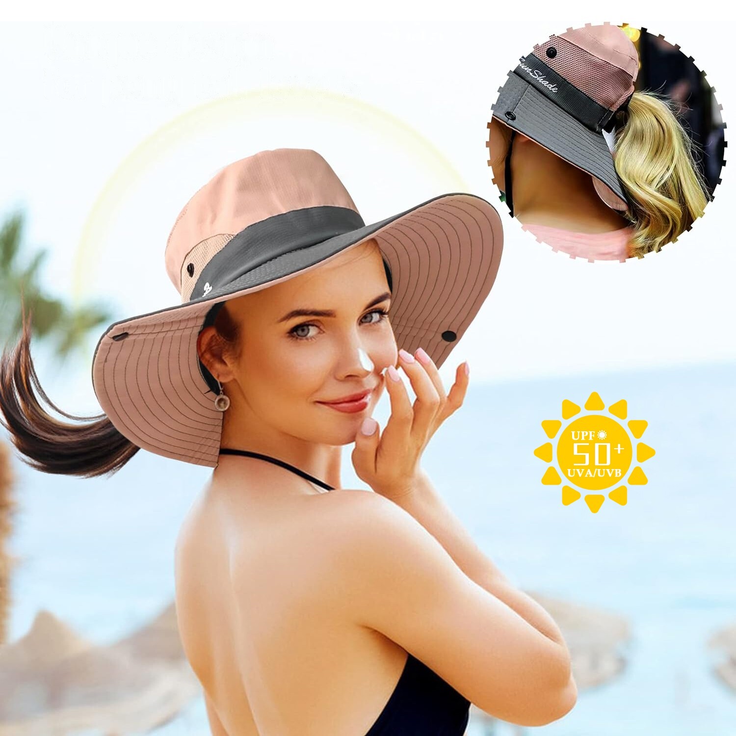 Women’s UV Protection Sun Hat – Wide Brim Bucket Style w/Ponytail Hole (UPF 50+)