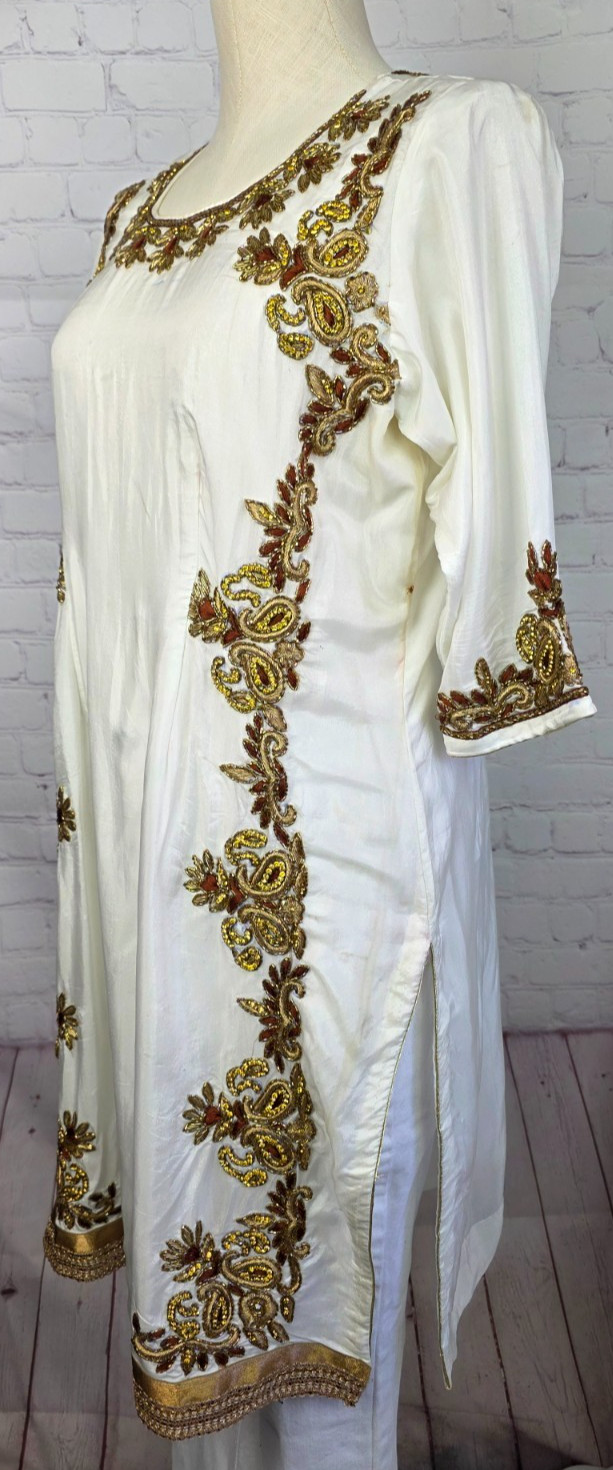 Kurta Tunic Top Embroidered Beads Rhinestones Jewel Tassle Slits India Tribal SM
