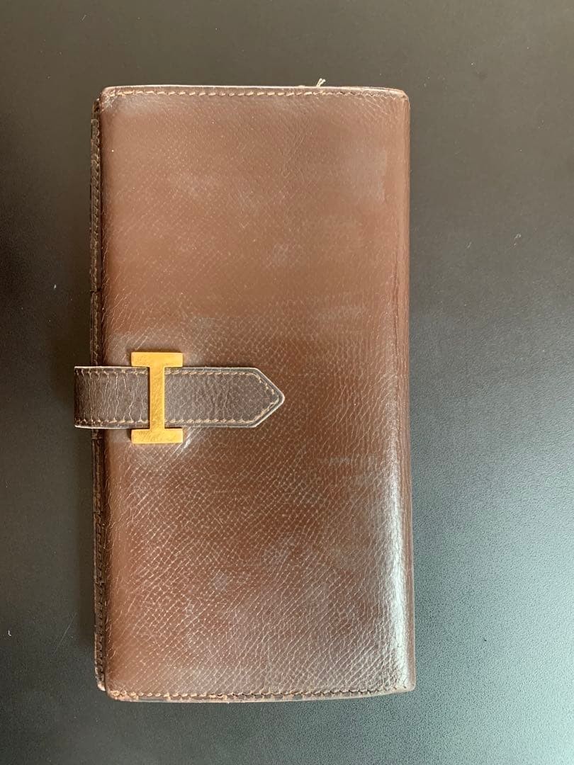 HERMES Bearn Long Wallet, Bifold Wallet, Leather, Engraved Brown 17.5x9cm France