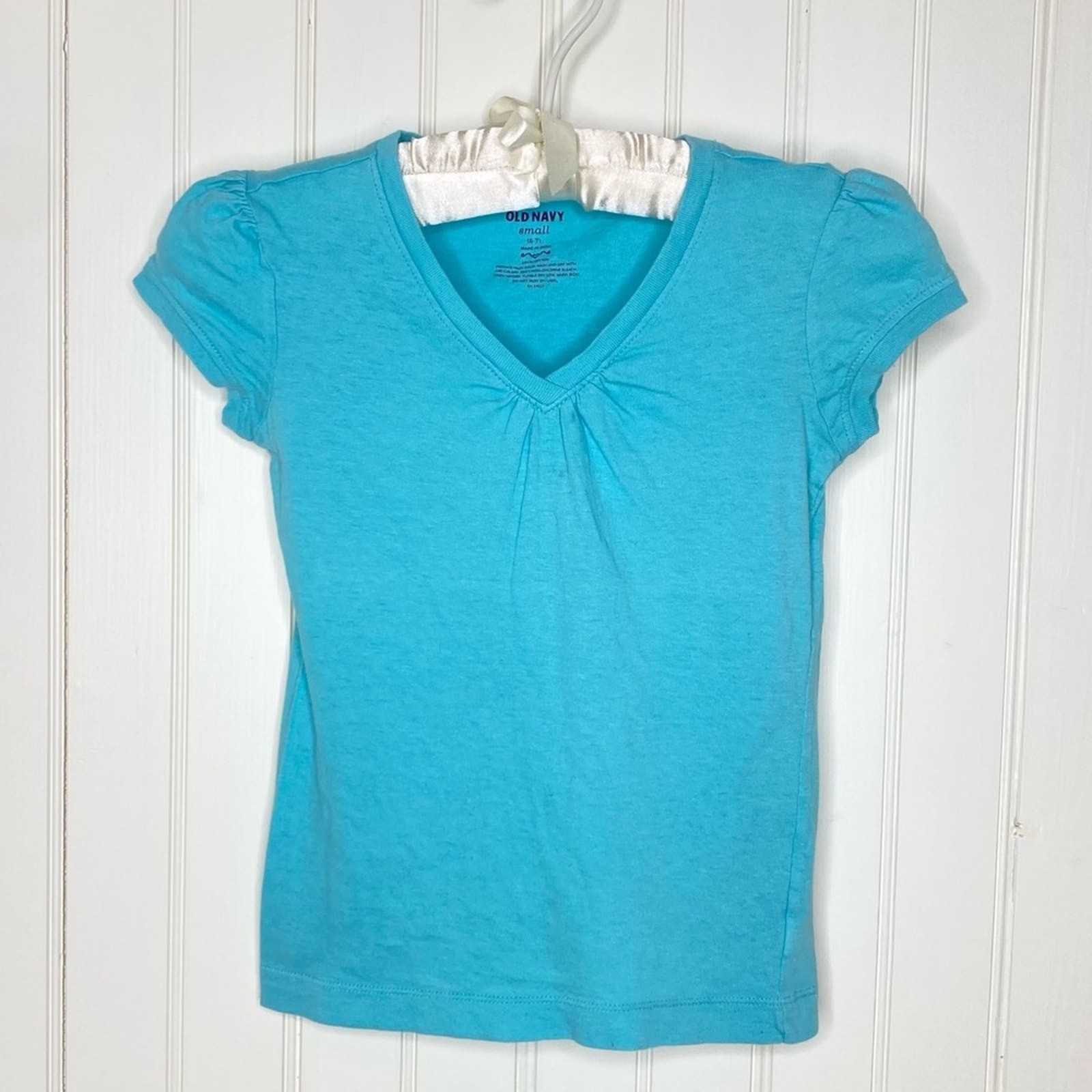 Girls S 6-7 Old Navy Teal Blue Short Sleeve V-Neck Pleated Tee Shirt Top T-Shirt