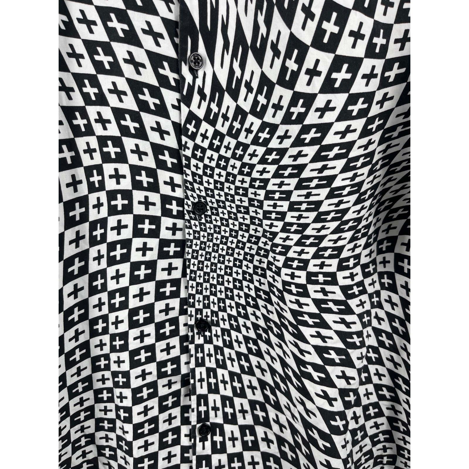 Ksubi Mens XL Black White Optical Illusion Cross Print Tencel Short Sleeve Shirt