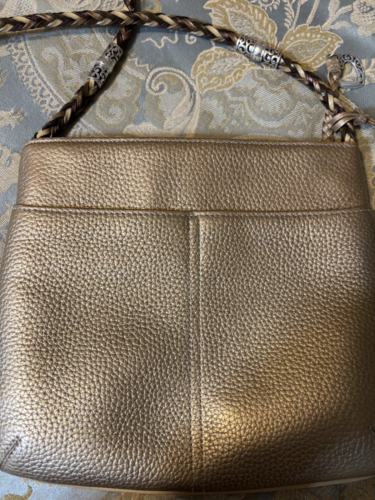Brighton Gold Pebbled Shoulder Bag Braided Strap Heart Charm Zip Pockets
