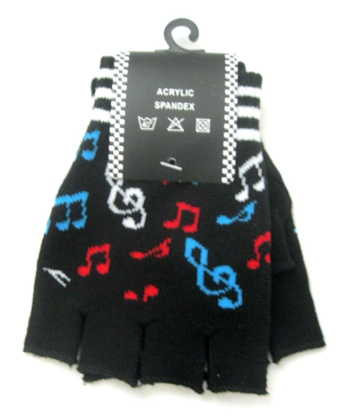 MULTI-COLOR MUSICAL NOTES ON BLACK CUTOFF KNIT FINGERLESS WINTER GLOVES-NEW!