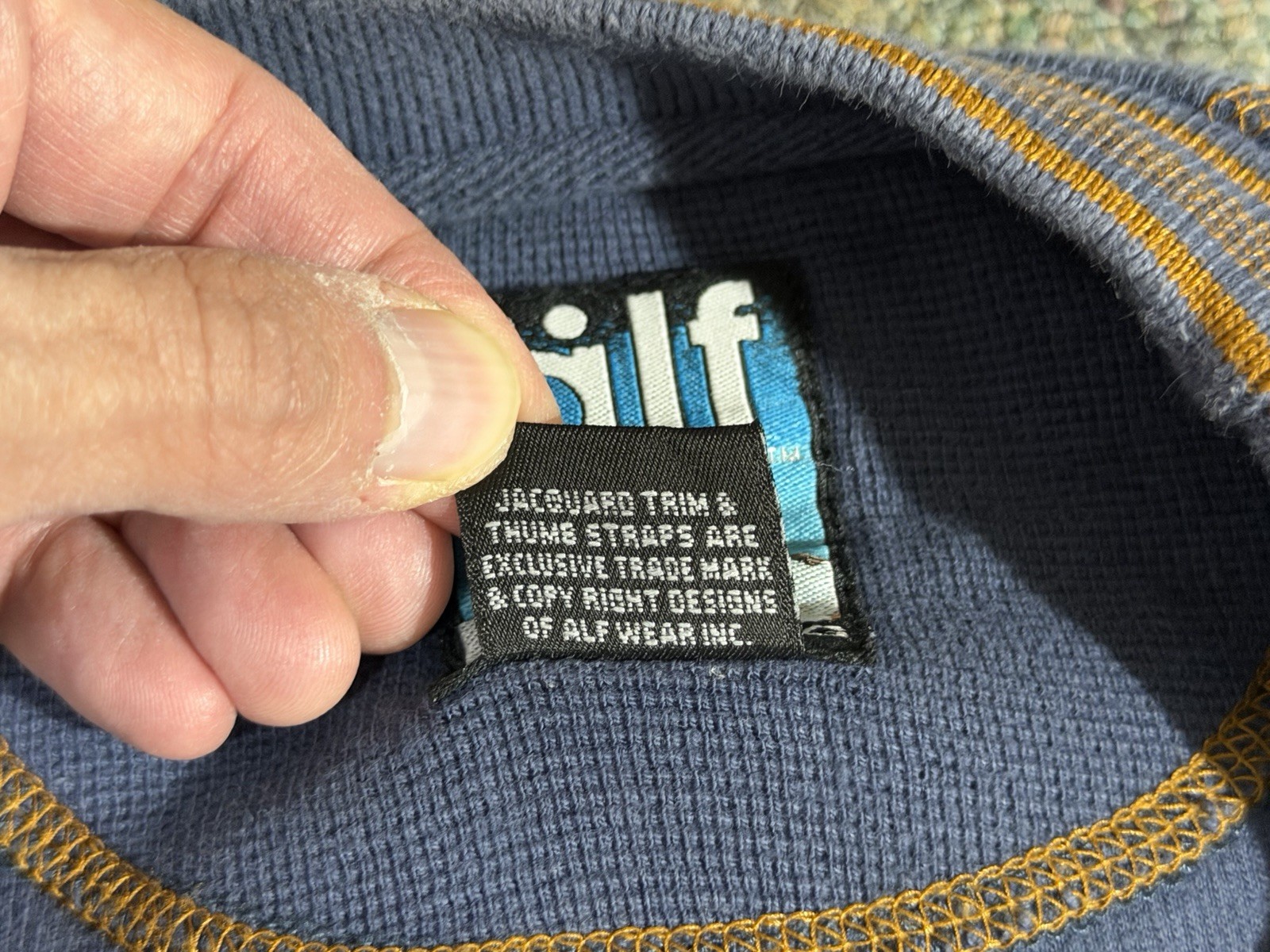 Vintage 90s Alf Kuhl Waffle Knit T Shirt Mens L Blue Jacquard Embroidered Collar