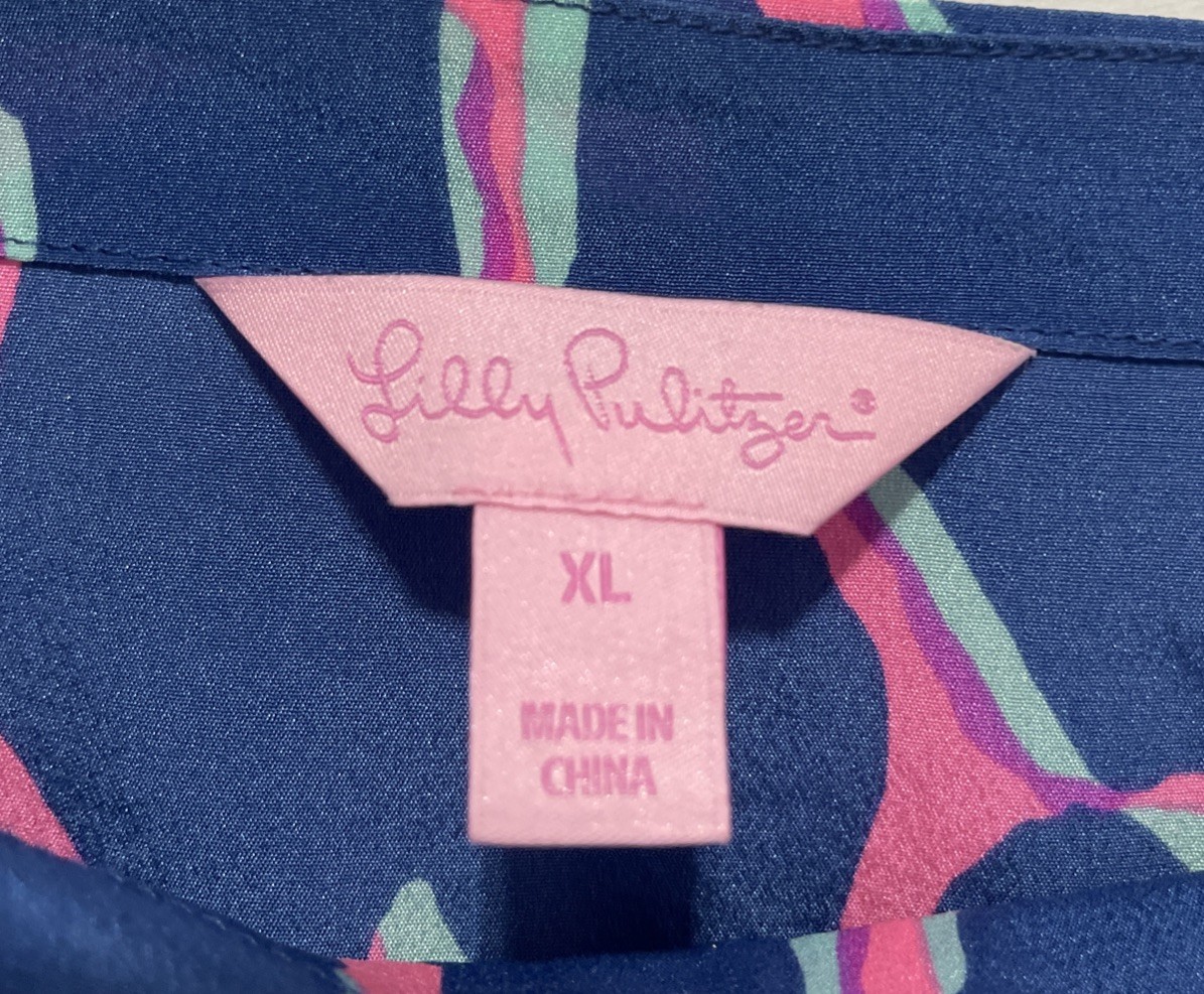 Lilly Pulitzer Broken Shaker Adura Silk Mini Dress Abstract Tiki Blue Pink Xl