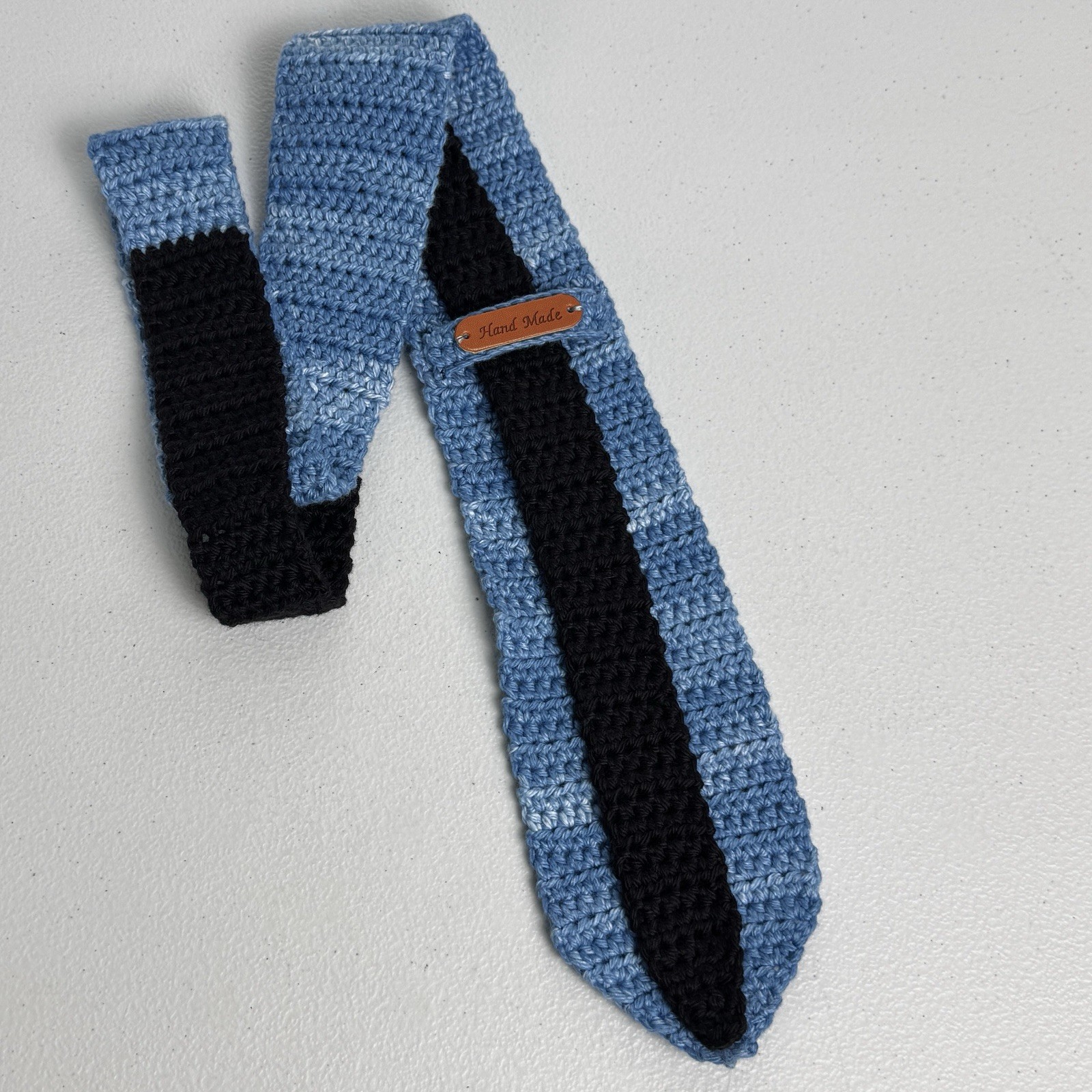Mens Crochet Knit Neck Tie Blue Black 58” Long 3.25” Wide 100% Cotton Hand Made