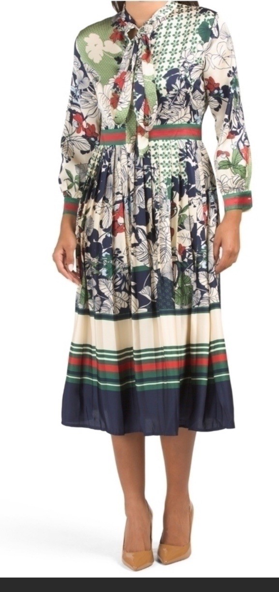 Dalia MacPhee Dress Women’s Large Floral Pleated Tie Neck A-Line Artsy