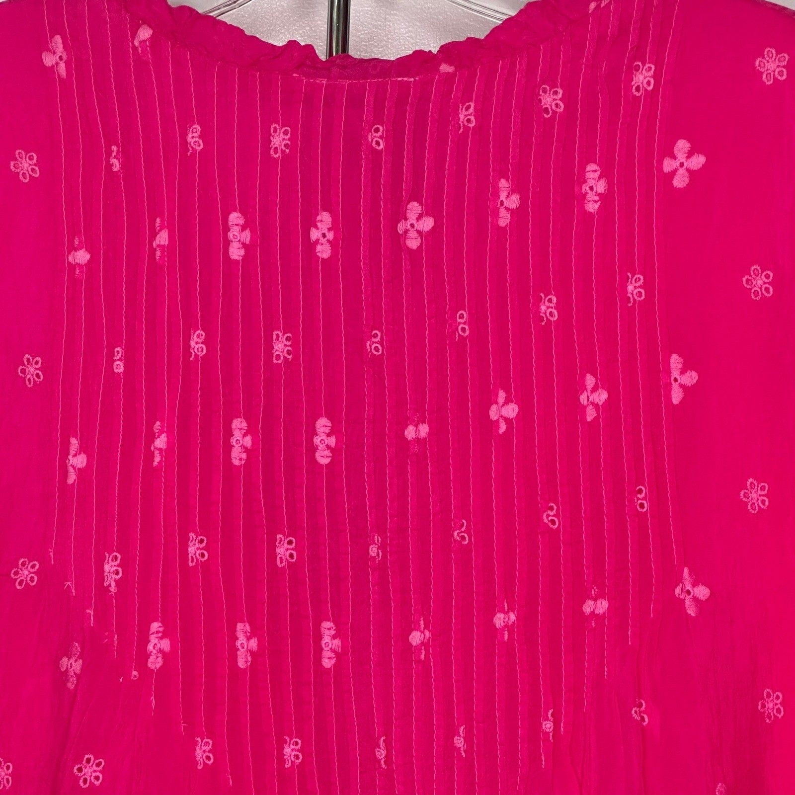 Johnny Was Hot Pink Embroidered Silk Blend Tunic Top Lace Trim V-Neck Large
