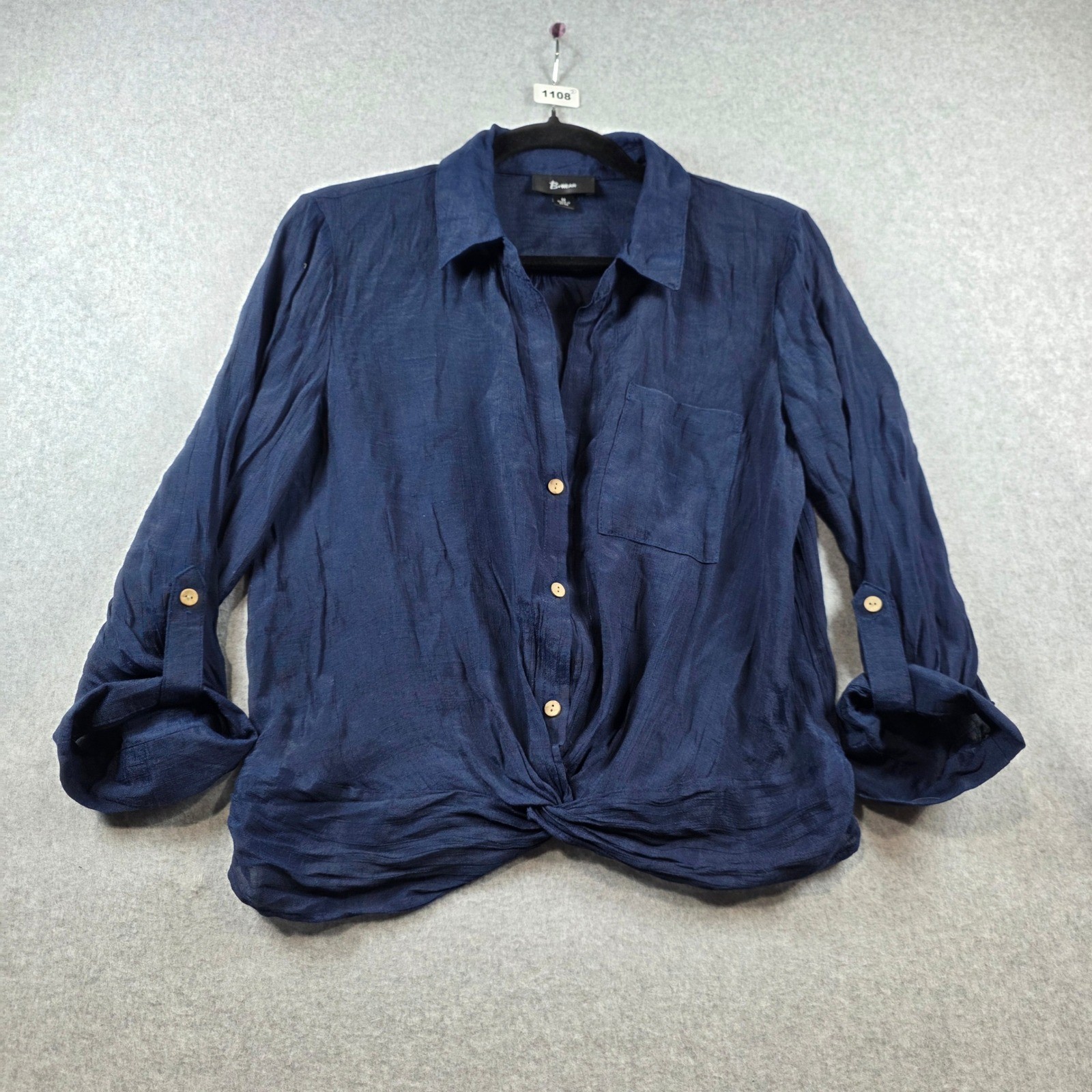 B-Wear Women Navy Blue Twist Front Roll Tab Sleeve Button Up Blouse Size M