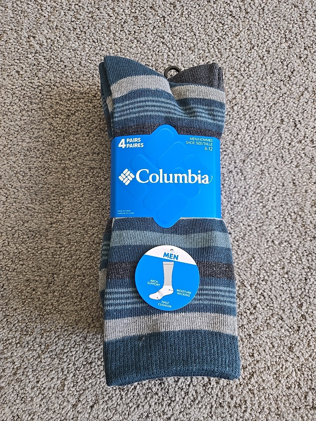 Columbia 4 Pair Every Day Crew Socks Men’s Sz 6-12 NWT Blue Black Taupe Gray