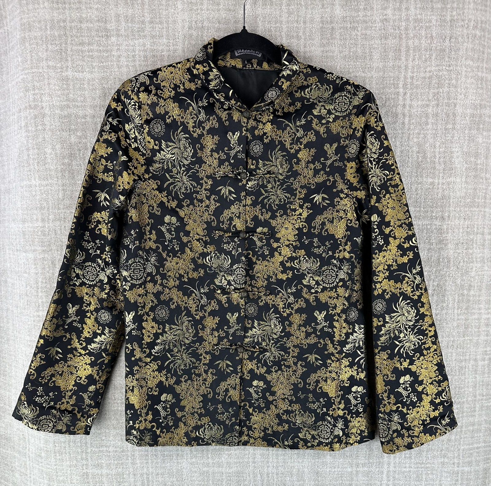 Jacket Womens L Black Short Collared Lined Toggle Floral Satin Mandarin Brocade