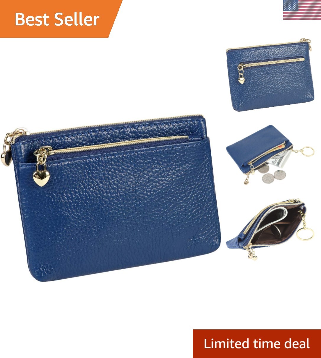 Stylish Women’s Royal Blue Genuine Leather Coin Purse with Zipper Closure