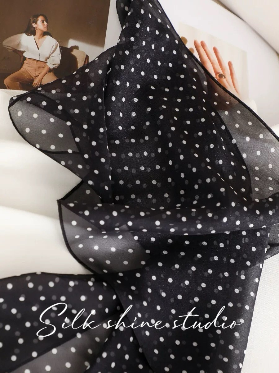 Chic Black & White Polka Dot 100% Silk Scarf -Lightweight 63″x12″ Oblong Summer