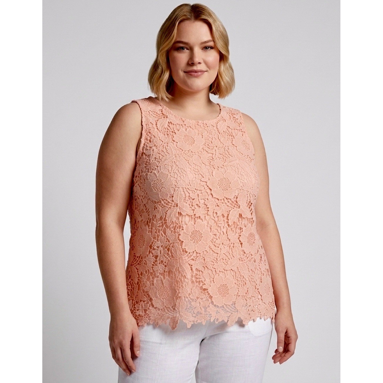 Woman’s Alfani Peach Floral Lace Sleeveless Blouse Top Plus Size 16W