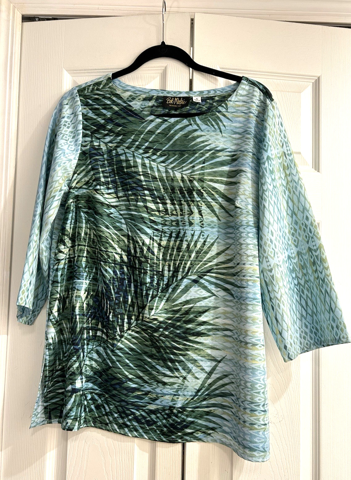 Bob Mackie Wearable Art TROPICAL Tunic Top~Blue/Green~42″ bust~Side slits~M