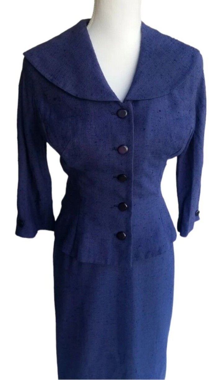 Vintage 50s Spring Suit Small 1950s BETTY ROSE Blue Cotton Jacket Pin Up