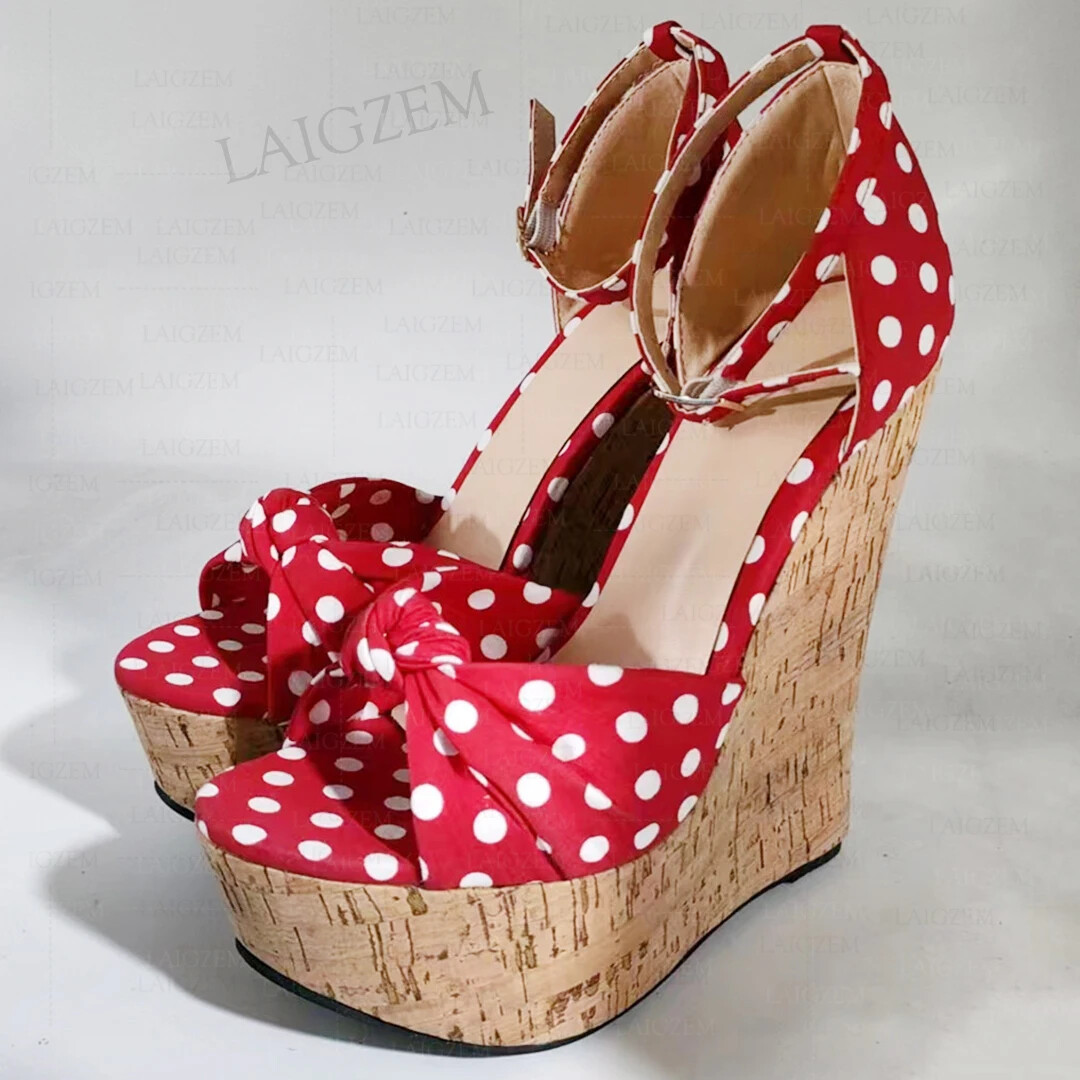 Women Platform Wedges Sandals Ankle Strap Peep Toe Pumps Polka Dots Shoes Woman