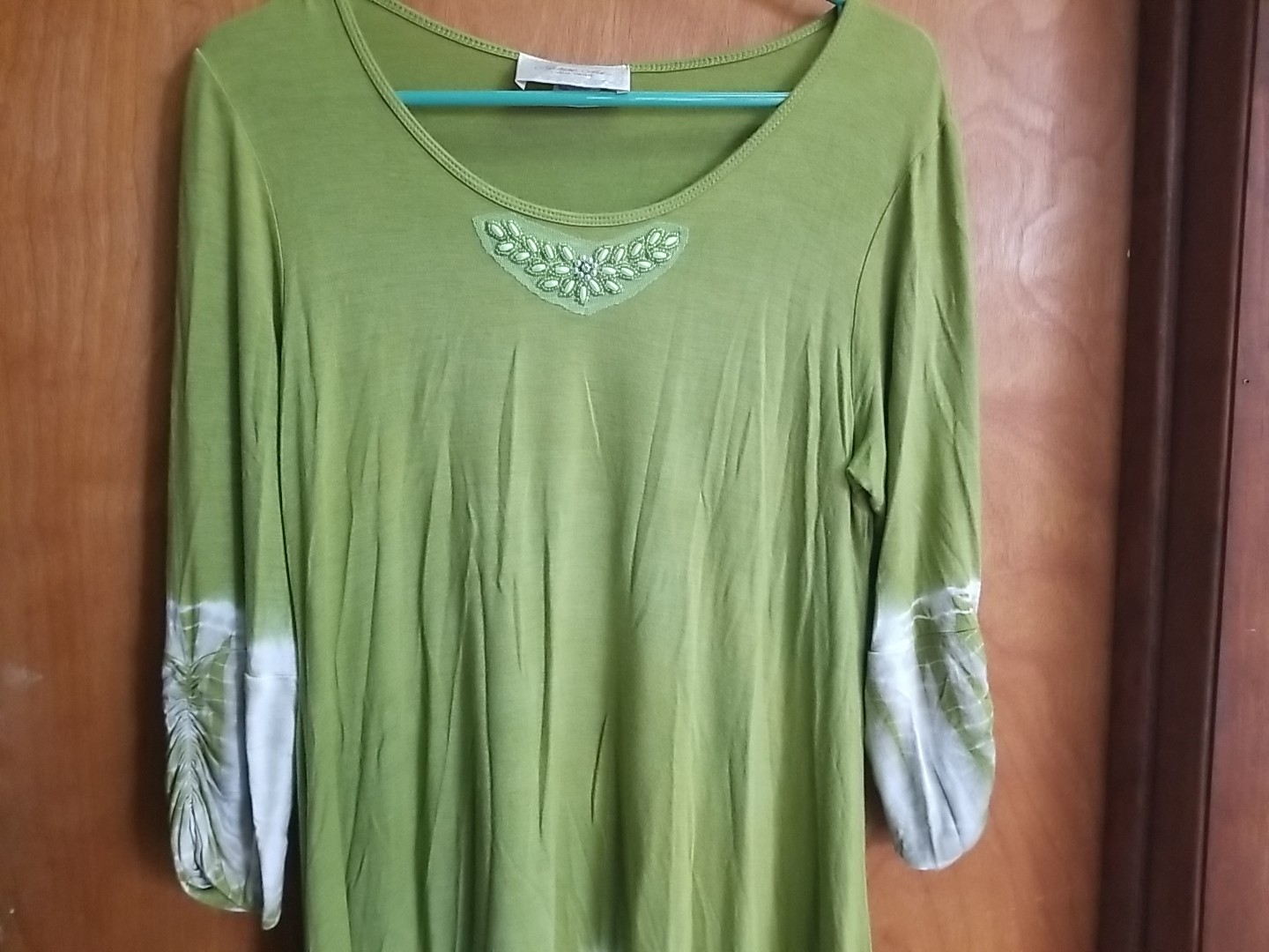 NATURE ART Lynn Yang Tunic Top SZ L Tie Dye Boho Artwear Green Beads US Made USA