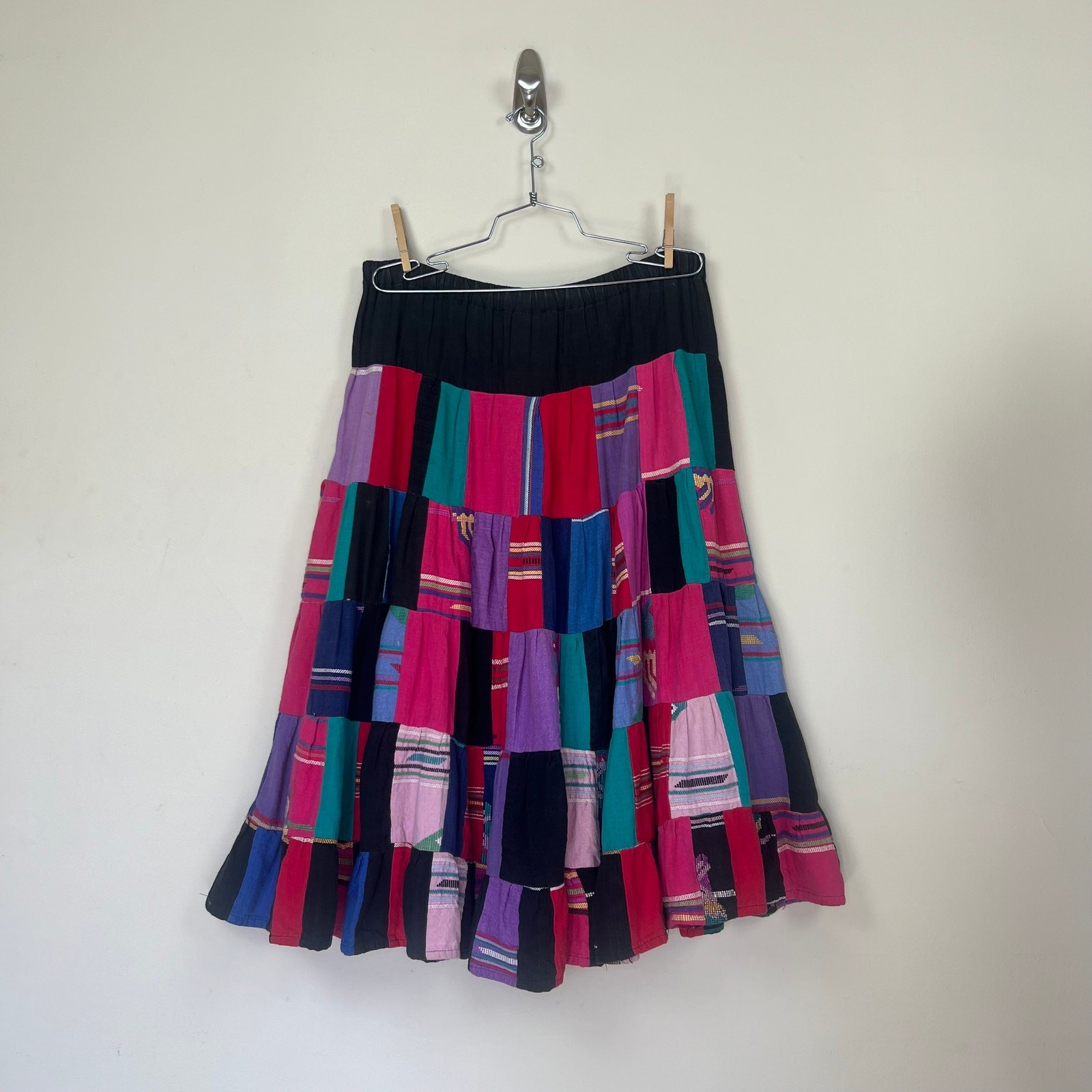 VTG Boho Handmade Upcycled tapestry Patchwork midi Skirt Women’s Guatemalan 60s