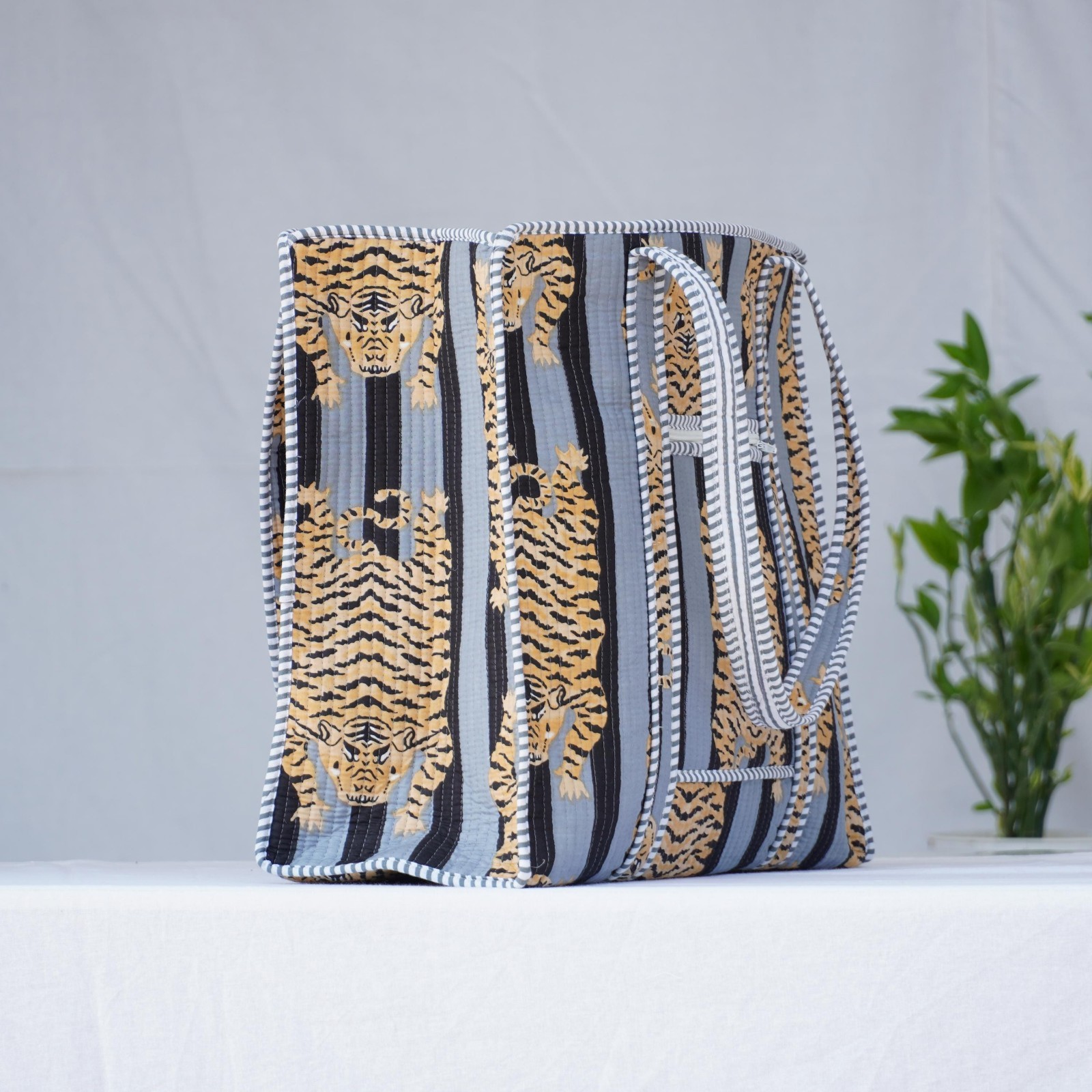 Handmade Cotton Tote Bag Grey Black Tiger Print Boho Shoulder Shopper Bag