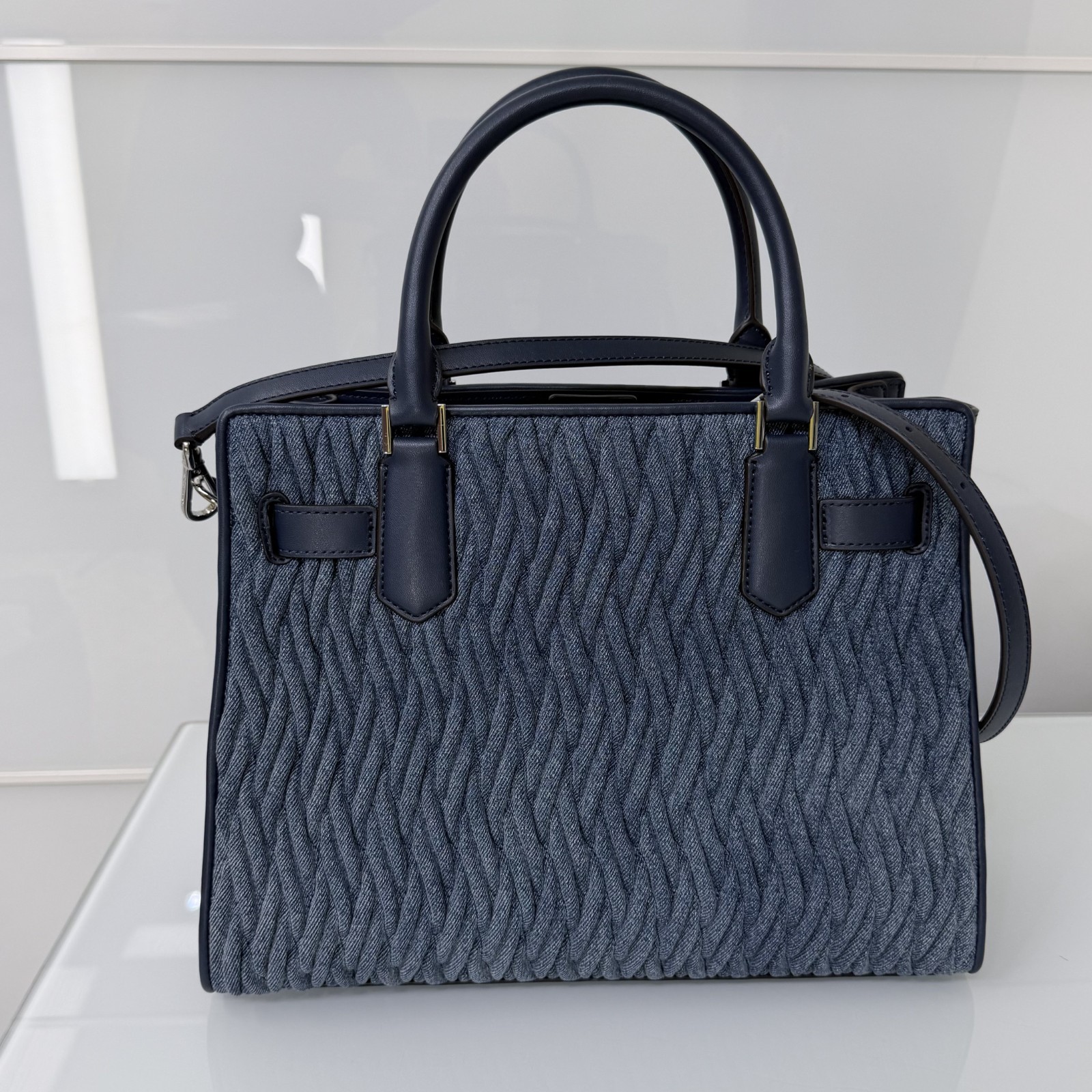 Michael Kors Set Hamilton MD Matelassé Denim Satchel Bag Denim Blue