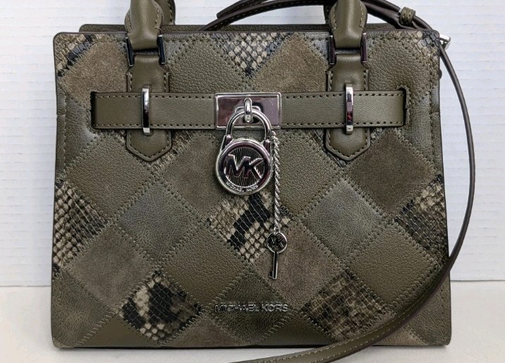 NWT Michael Kors Hamilton Small Satchel Bag Olive Green Snake Embossed Patch NWT