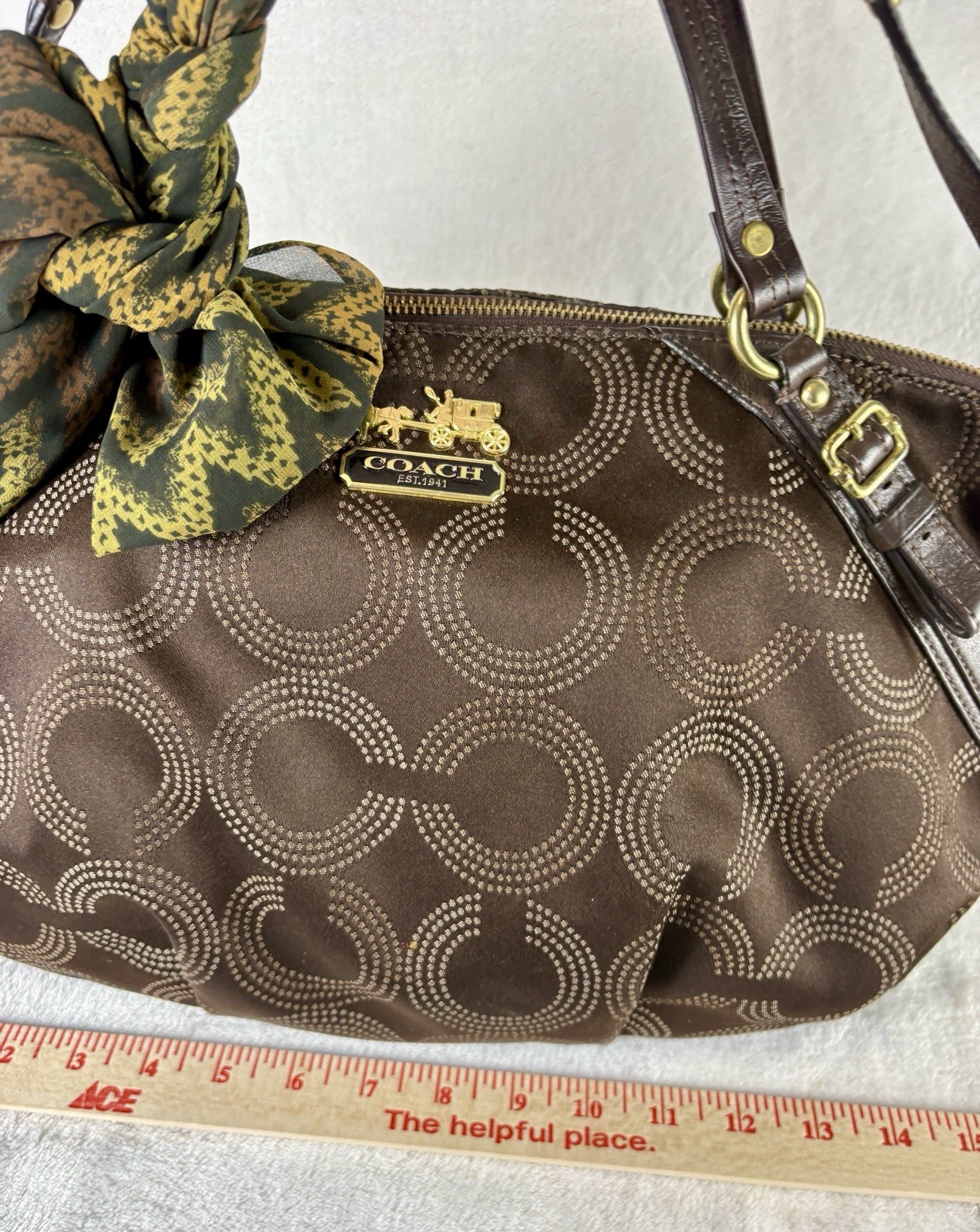Coach Madison Dotted Op Art Sophia Satchel In Brown Sateen With Scarf