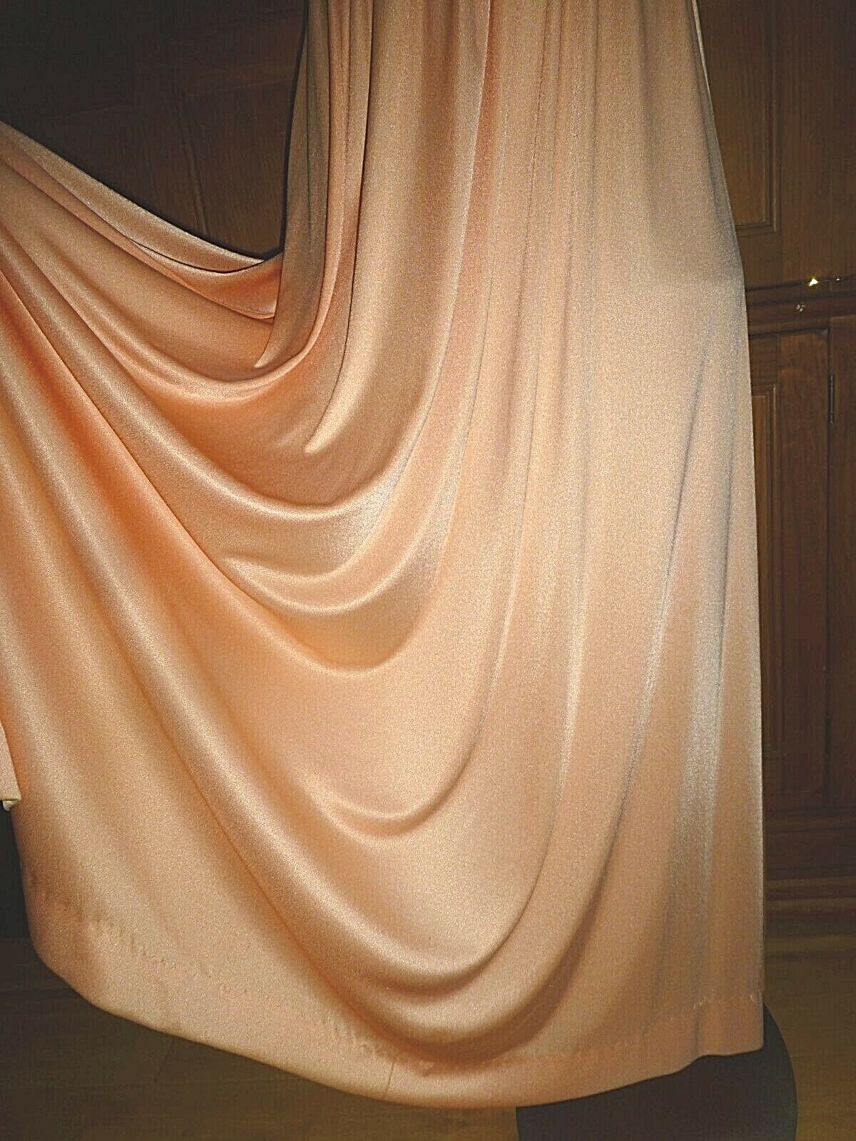 Vtg 70s Peach Silky Jersey Knit Grecian Boho Cocktail Evening Wedding maxi Dress