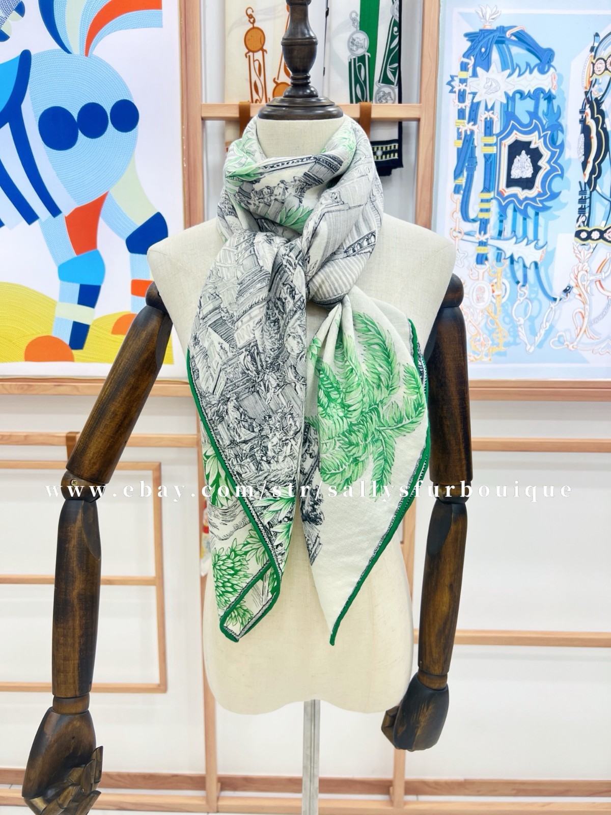 Sallys 70% Cashmere & 30% Silk Wrap Scarf Sanctuary Print 2 Face Shawl 53″ Green