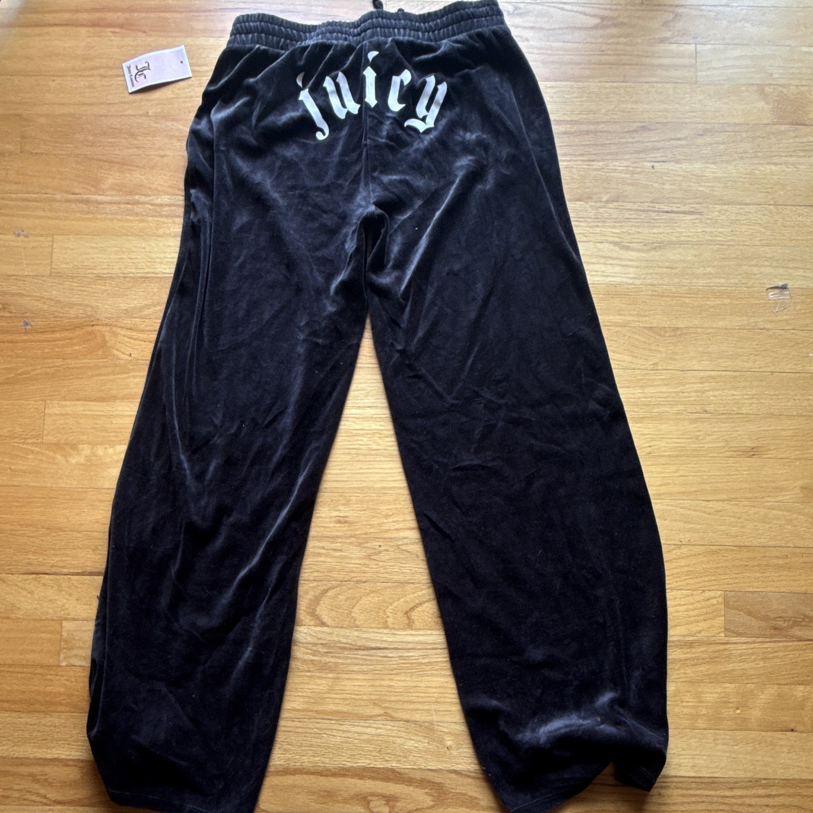 Juicy Couture Women’s Black Velour Wide-Leg Pants Logo Accent Size M