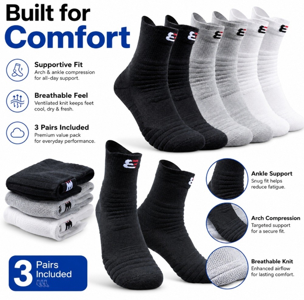 3-Pack Men’s Cotton Compression Sports Socks – Athletic Mid-Crew Training Socks